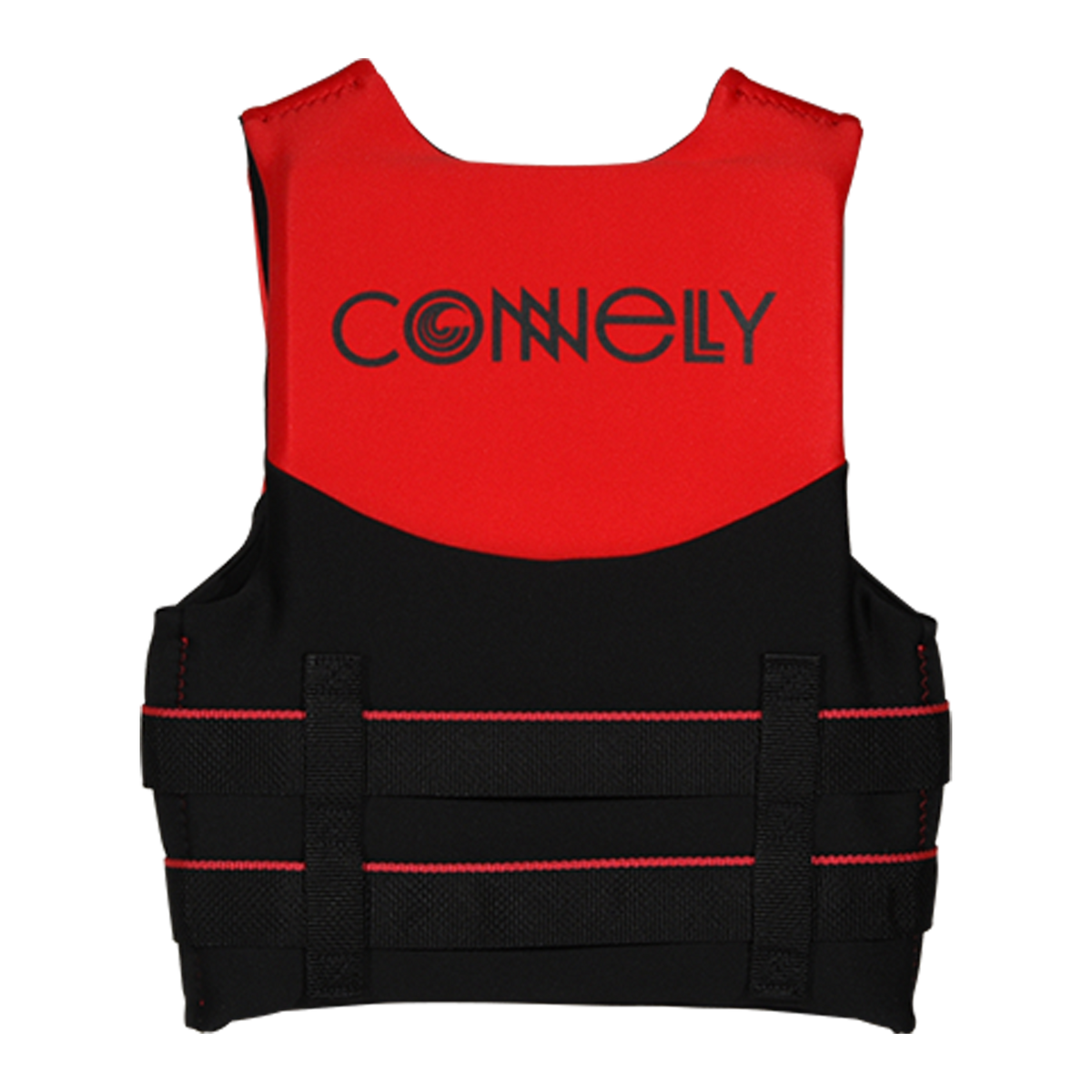 Back view of Youth Promo NEO vest in red and black with horizontal straps and logo text.