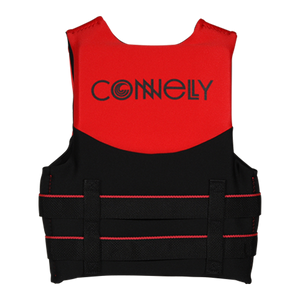 Back view of Youth Promo NEO vest in red and black with horizontal straps and logo text.