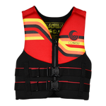 Front view of Youth Promo NEO vest in red and black with yellow and orange stripes and buckles.