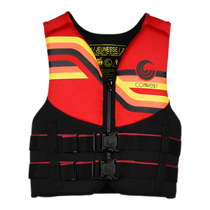 Front view of Youth Promo NEO vest in red and black with yellow and orange stripes and buckles.