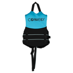 Back view of Child Promo NEO vest in teal and black with grab strap and bottom safety strap.
