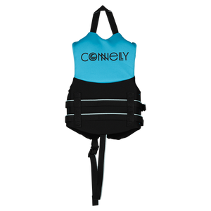 Back view of Child Promo NEO vest in teal and black with grab strap and bottom safety strap.