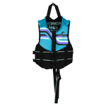 Front view of Child Promo NEO vest in teal and black with stripes, dual buckles, and safety strap.