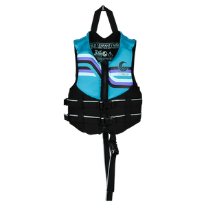 Front view of Child Promo NEO vest in teal and black with stripes, dual buckles, and safety strap.