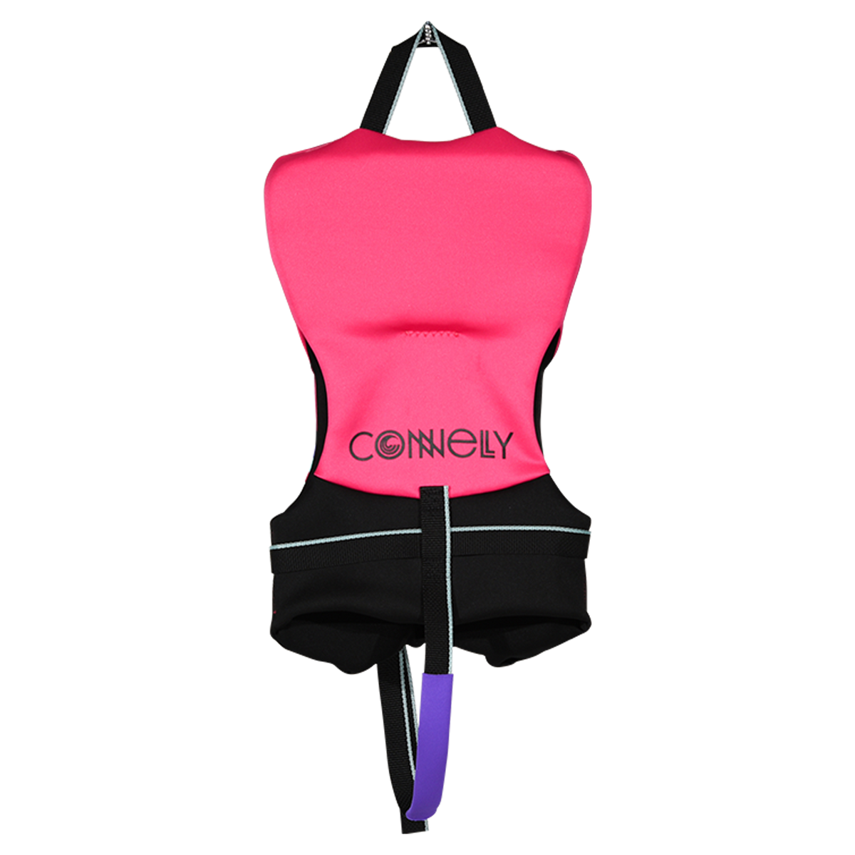 Back view of Infant Promo NEO vest in pink and black with grab strap and bottom safety strap.