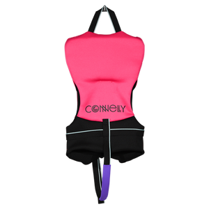 Back view of Infant Promo NEO vest in pink and black with grab strap and bottom safety strap.