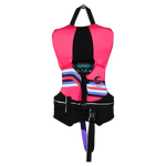 Front view of Infant Promo NEO vest in pink and black with stripes, chest buckle, and safety strap.