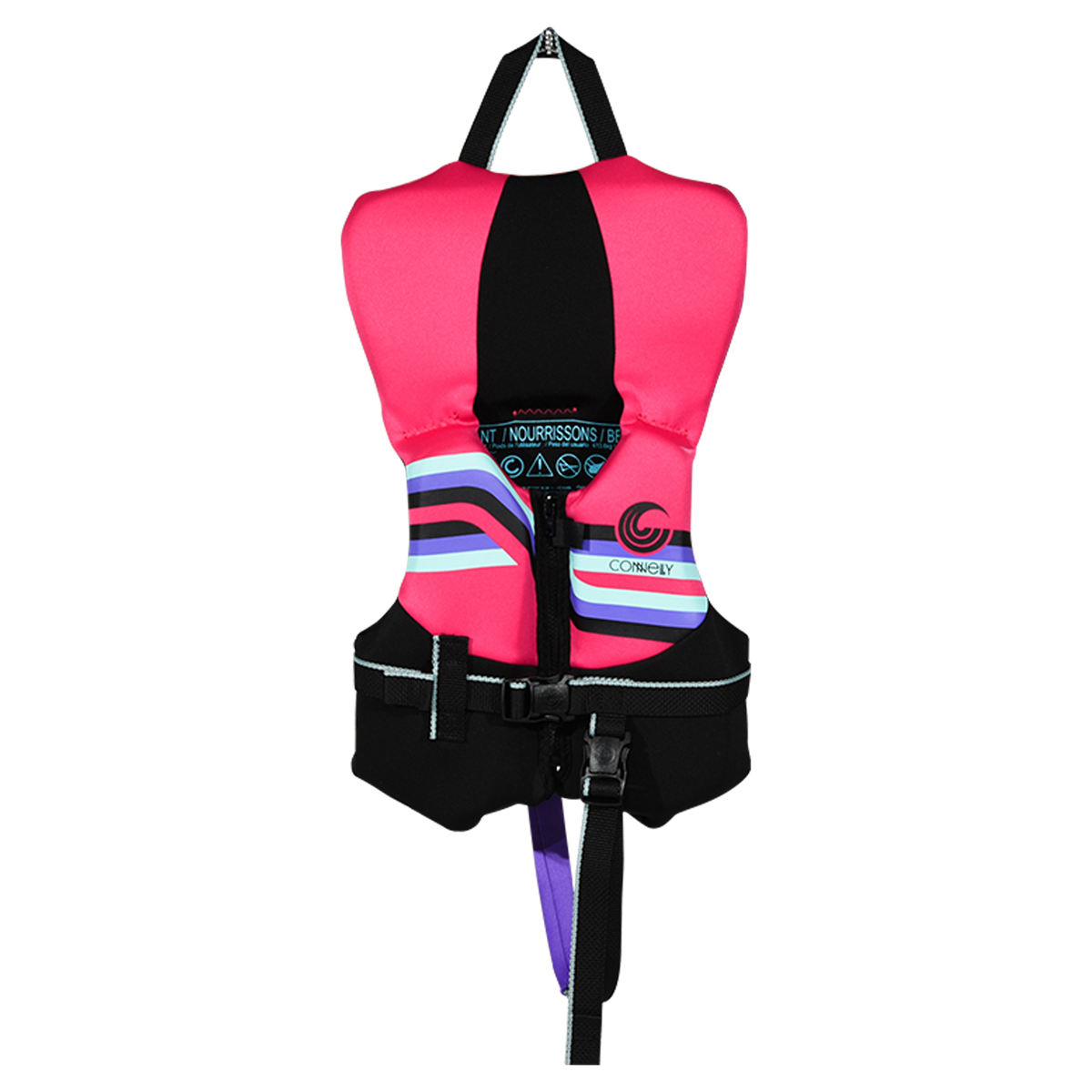 Front view of Infant Promo NEO vest in pink and black with stripes, chest buckle, and safety strap.