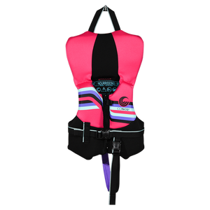 Front view of Infant Promo NEO vest in pink and black with stripes, chest buckle, and safety strap.