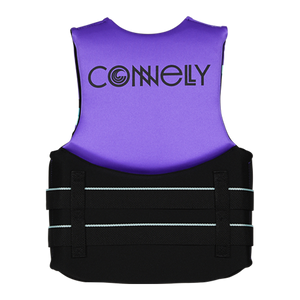 Back view of Junior Promo NEO vest in purple and black with horizontal straps and logo text.
