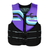 Front view of Junior Promo NEO vest in purple and black with blue and black stripes and buckles.