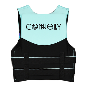 Back view of Youth Promo NEO vest in mint and black with horizontal straps and logo text.