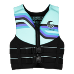 Front view of Youth Promo NEO vest in mint and black with blue and purple stripes and buckles.
