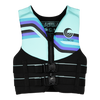 Front view of Youth Promo NEO vest in mint and black with blue and purple stripes and buckles.