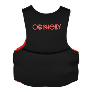Back view of Men's Promo NEO vest in solid black with red interior and logo on upper back.