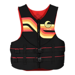 Front view of Men's Promo NEO vest in black with red and yellow stripes and dual buckles.
