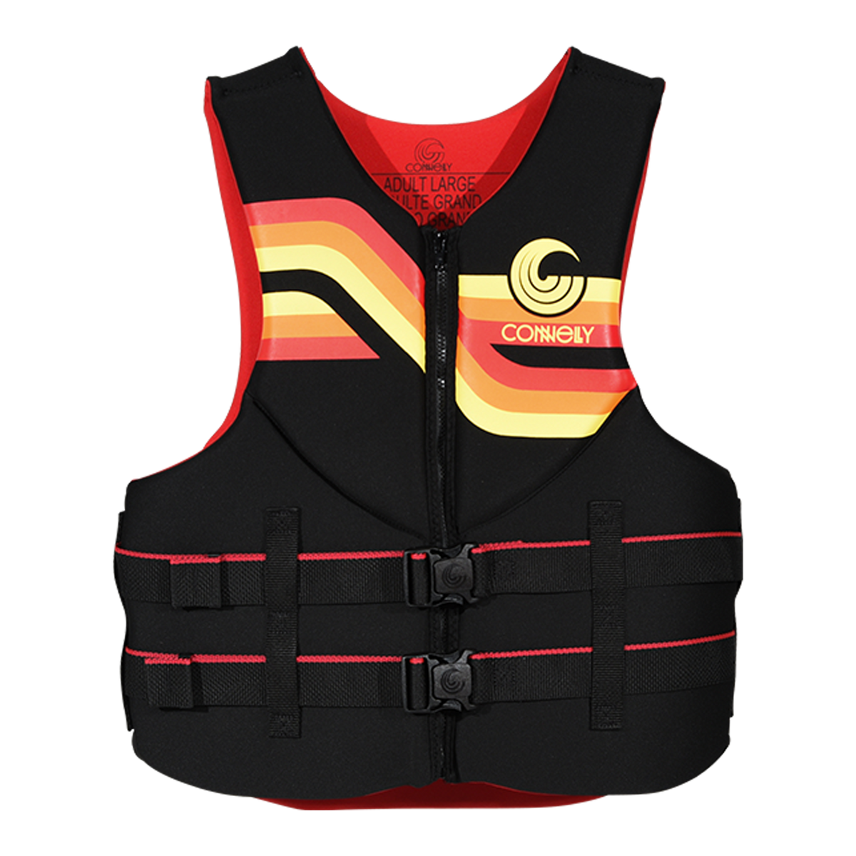 Front view of Men's Promo NEO vest in black with red and yellow stripes and dual buckles.