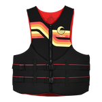 Front view of Men's Big Promo NEO vest in black with red, orange and yellow stripes and dual buckles.