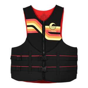 Front view of Men's Big Promo NEO vest in black with red, orange and yellow stripes and dual buckles.