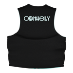 Back view of Women's Promo NEO vest in solid black with light blue interior and logo on upper back.
