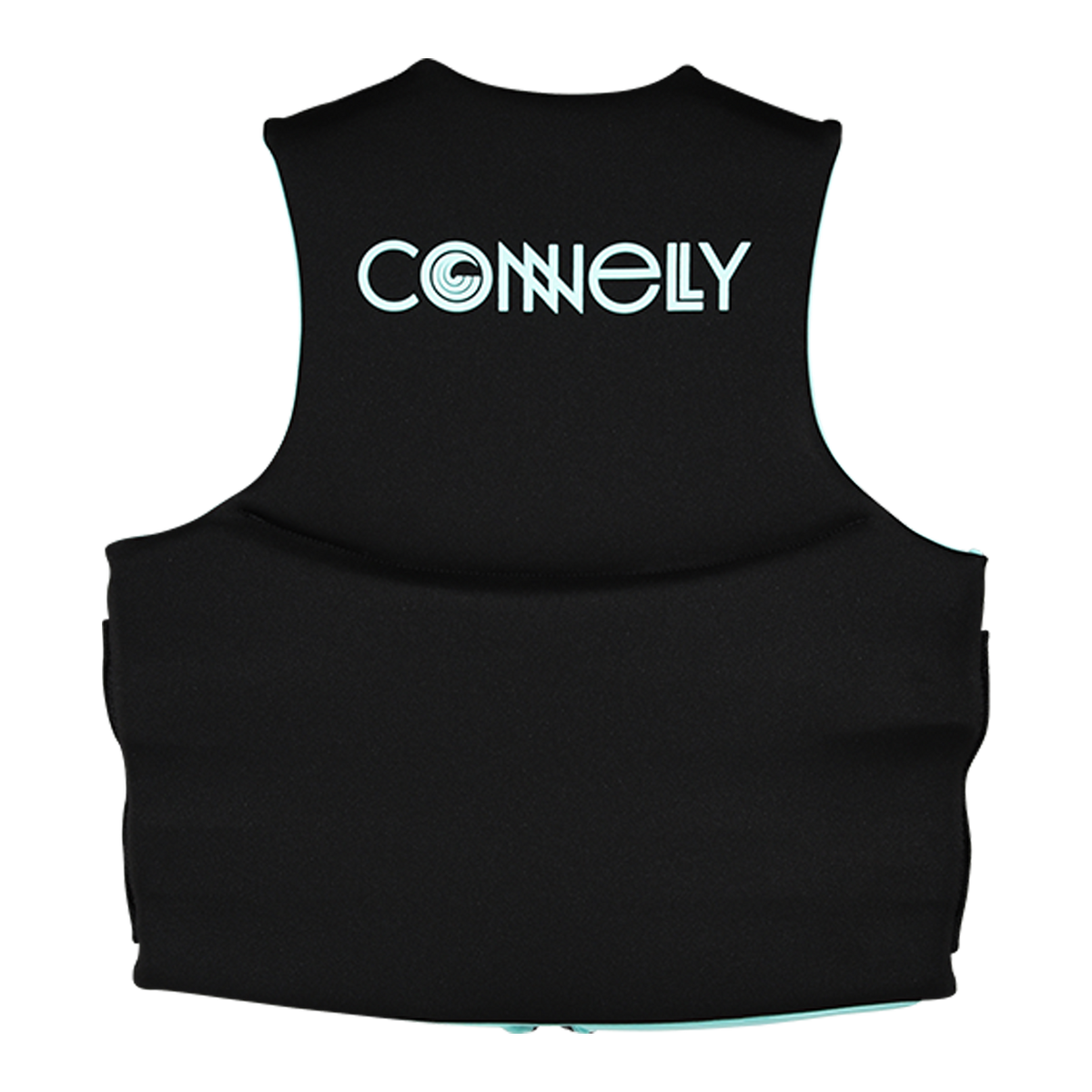 Back view of Women's Promo NEO vest in solid black with light blue interior and logo on upper back.