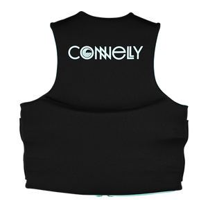 Back view of Women's Promo NEO vest in solid black with light blue interior and logo on upper back.