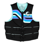 Front view of Women's Promo NEO vest in black with blue stripes and dual buckles.