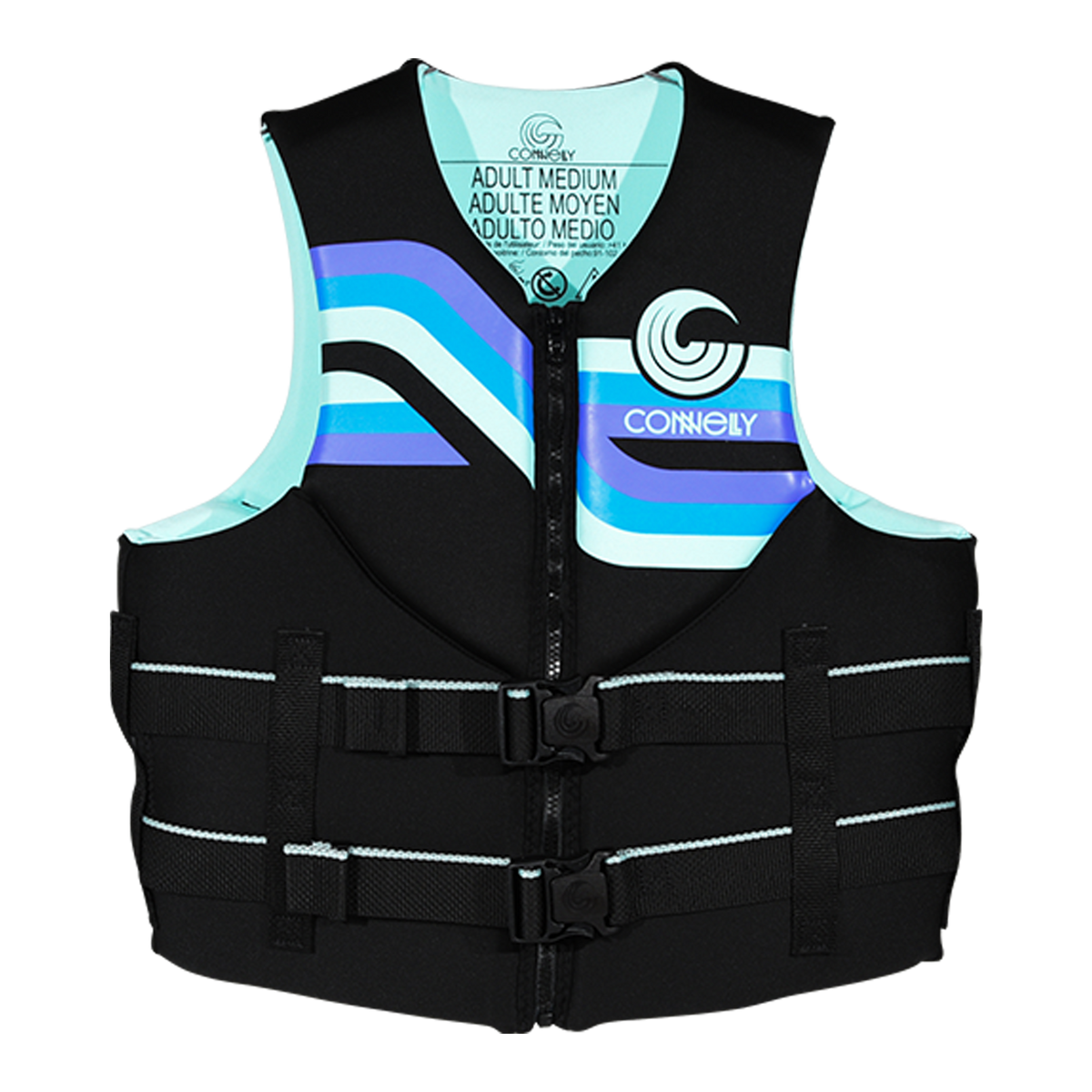 Front view of Women's Promo NEO vest in black with blue stripes and dual buckles.