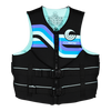 Front view of Women's Promo NEO vest in black with blue stripes and dual buckles.