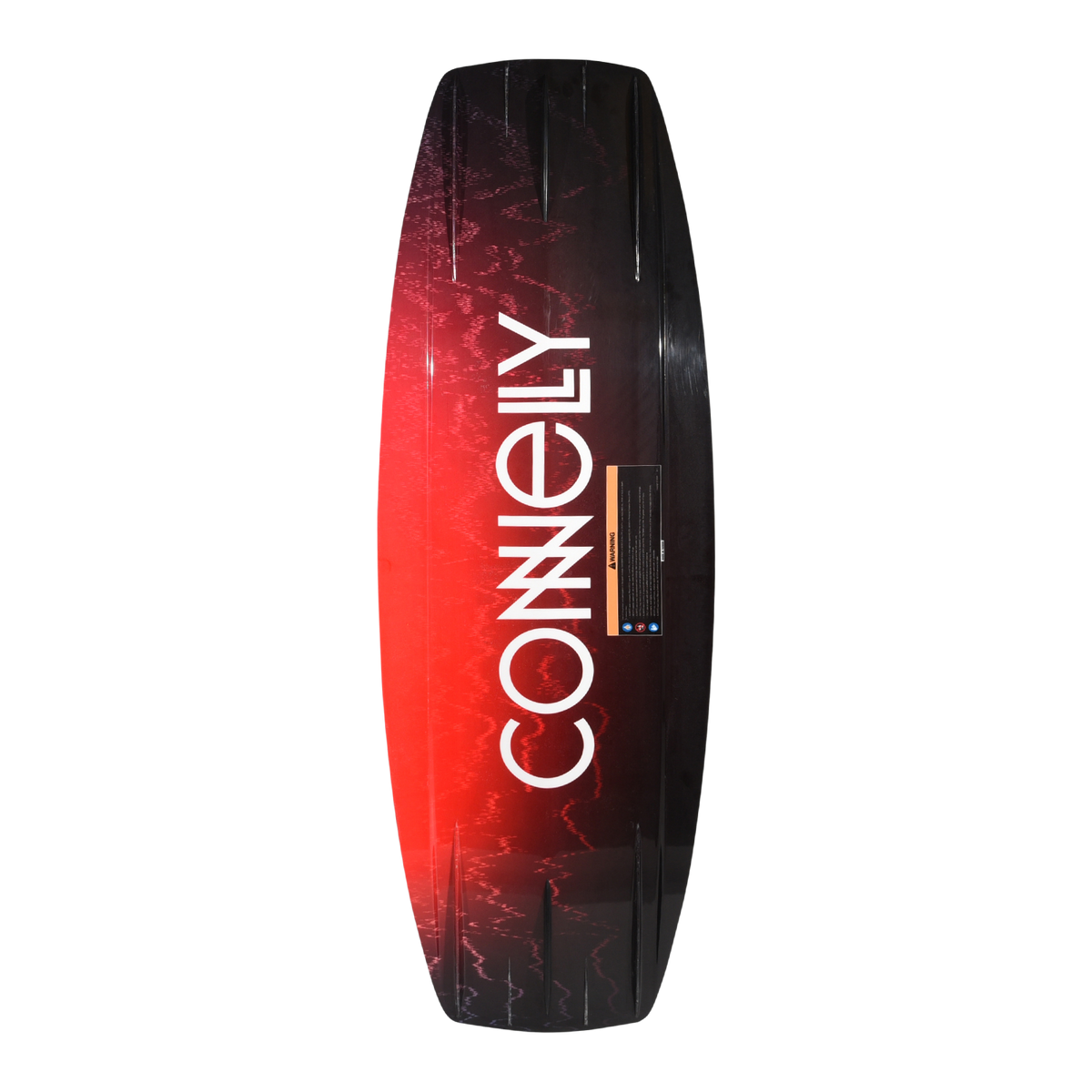 Bottom view of the Pure wakeboard with bold white Connelly logo over red gradient design.