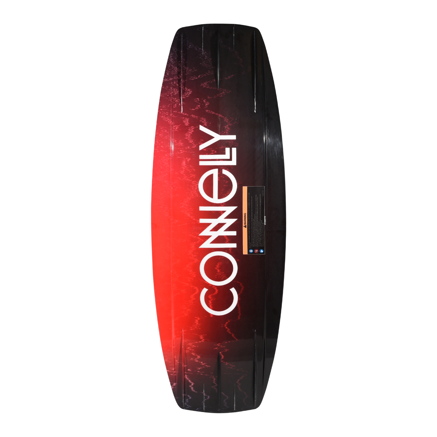 Bottom view of the Pure wakeboard with bold white Connelly logo over red gradient design.