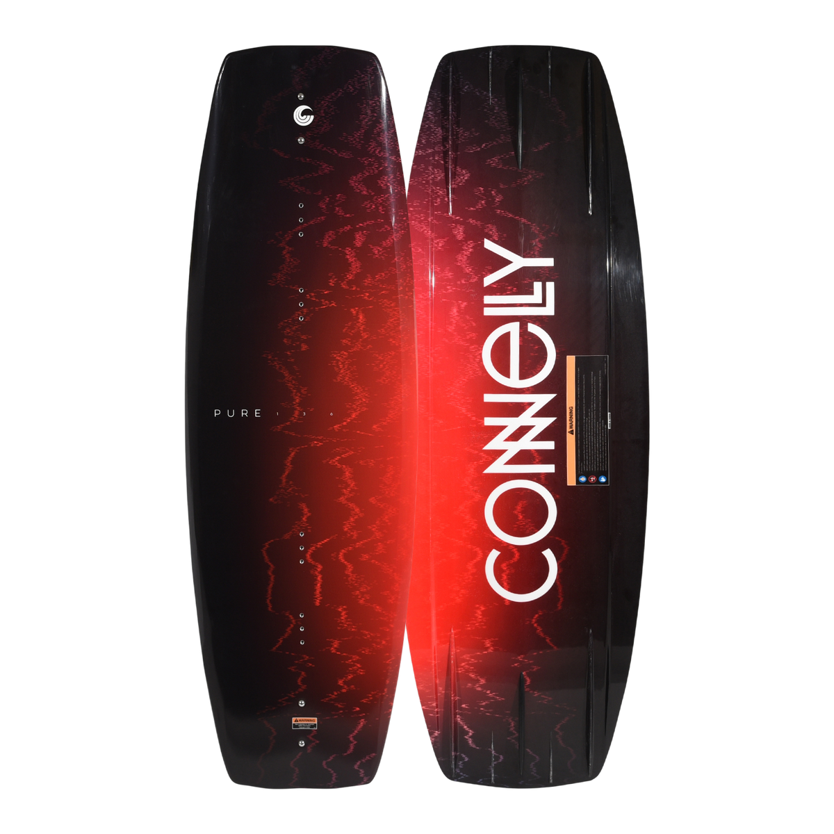 Front and back views of the Pure wakeboard with red gradient and bold white logo.