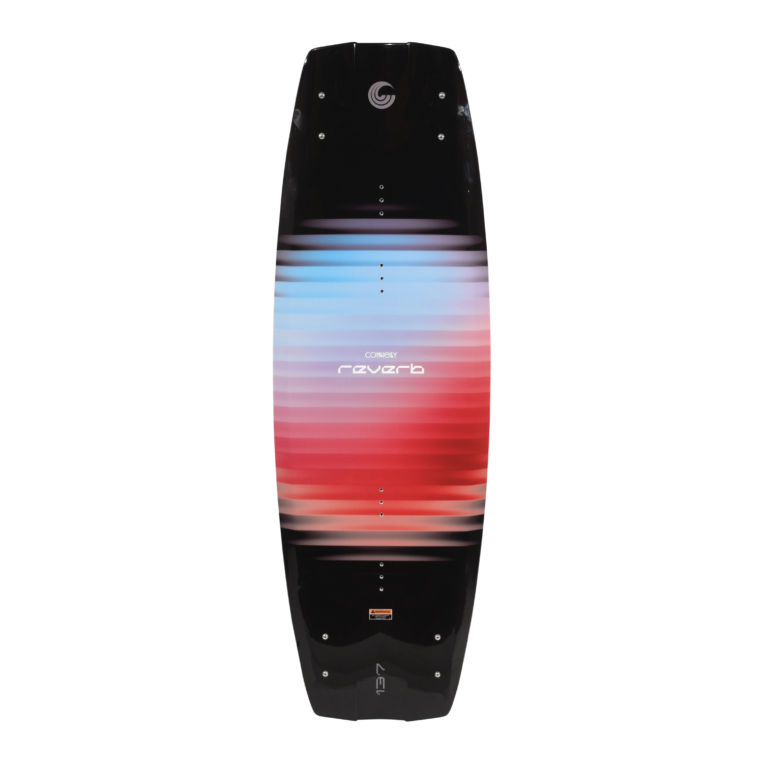 Top view of the Reverb wakeboard with black, red, and blue gradient and small logo graphic.