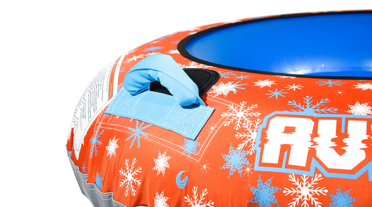 Close-up view of Avalanche Snow Tube handle with padded blue grip and stitched panel.