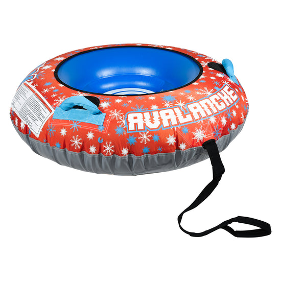 Angled view of Avalanche Snow Tube with red snowflake design, blue center, and tow strap.