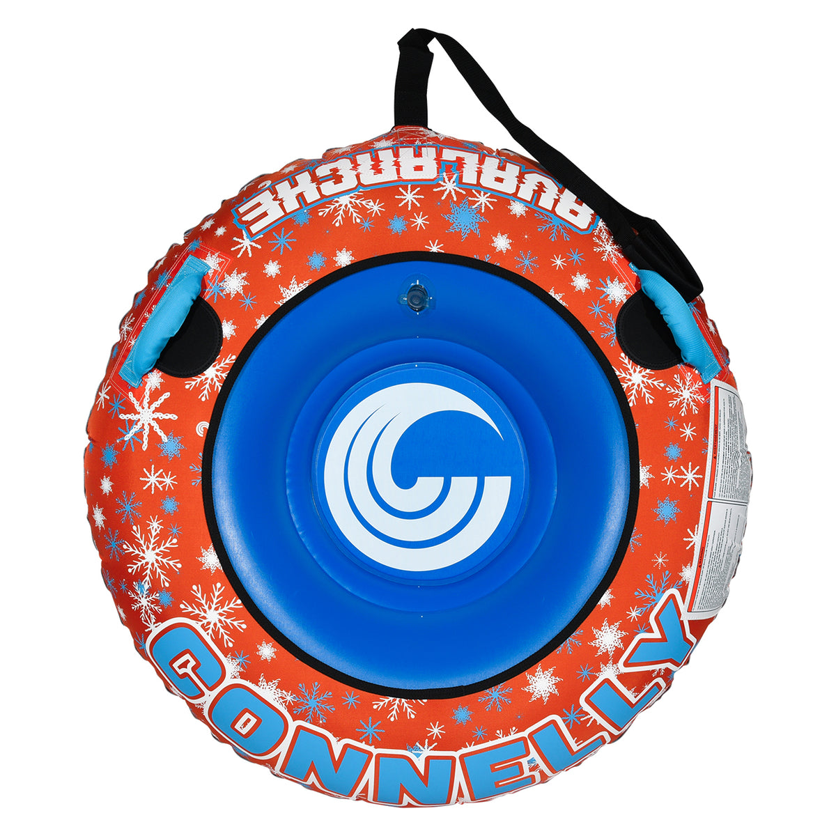 Top view of Avalanche Snow Tube showing blue center seat and snowflake pattern.