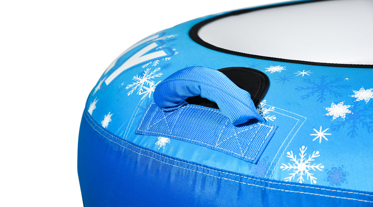 Close-up of Blizzard 56 Snow Tube padded blue grab handle with black neoprene backing.