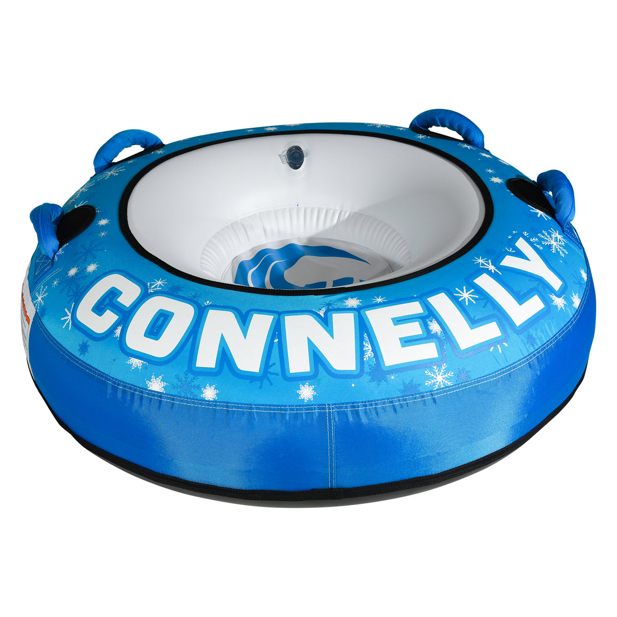 Blizzard 56 Snow Tube in blue with Connelly wordmark, inflated interior seat, and four handles.
