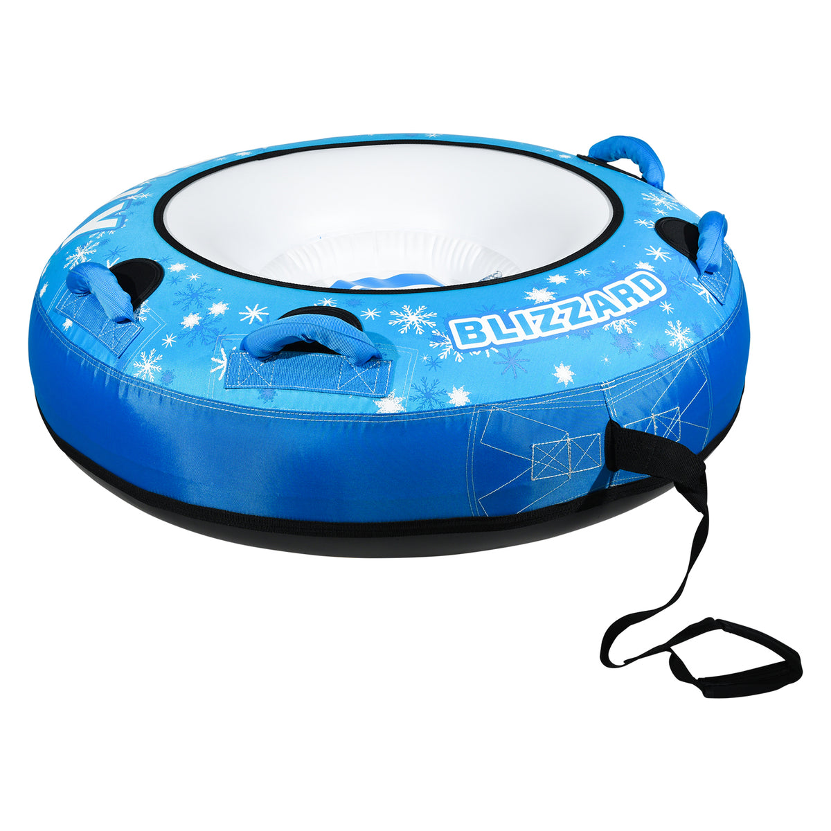 Blizzard 56 Snow Tube in blue with snowflake print, four handles, and black tow strap.