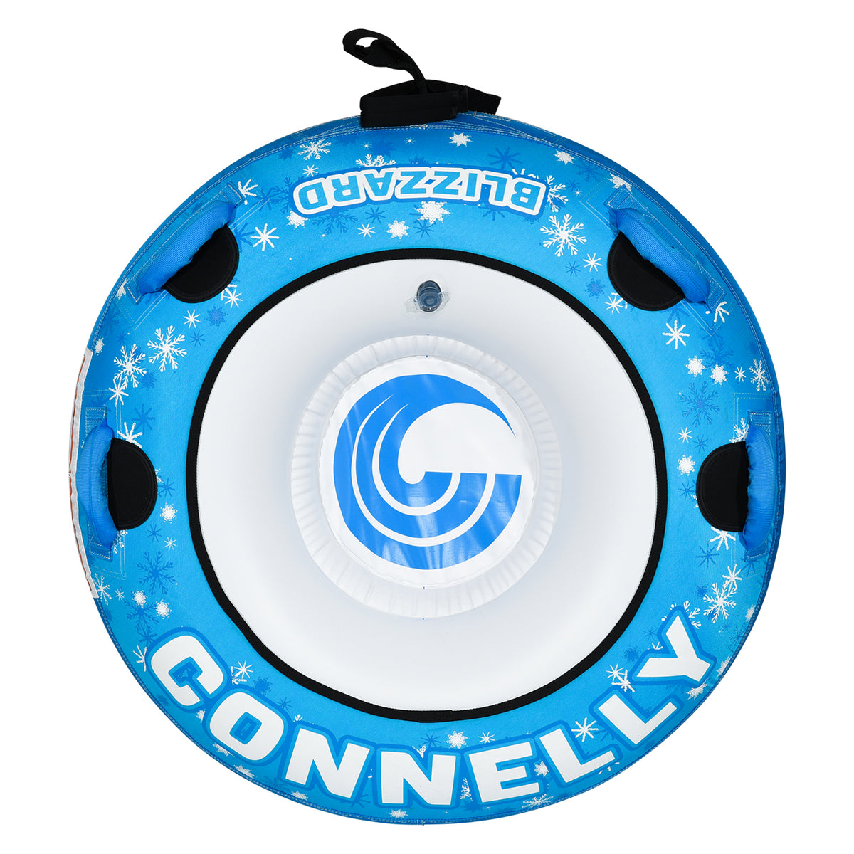 Top view of Blizzard 56 Snow Tube showing Connelly logo, inflation valve, and four handles.