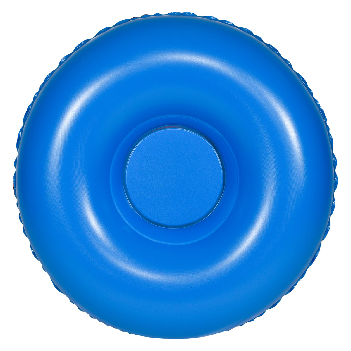 Bottom view of Frosty 38 Snow Tube showing blue concave riding surface and ridged outer edge.