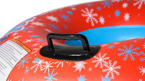 Close-up of Frosty 38 Snow Tube black hard-plastic handle on red snowflake-print vinyl.