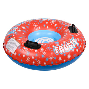 Angled view of Frosty 38 Snow Tube with red snowflake design, blue center, and grab handles.