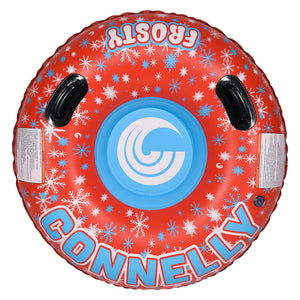 Top view of Frosty 38 Snow Tube with red snowflake design, blue center, and grab handles.