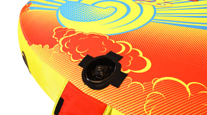 Close-up of Super Fun 2 front valve on yellow and red section with sunburst design.