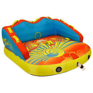 Angled front view of Super Fun 2 towable tube showing curved seat and bold graphics.