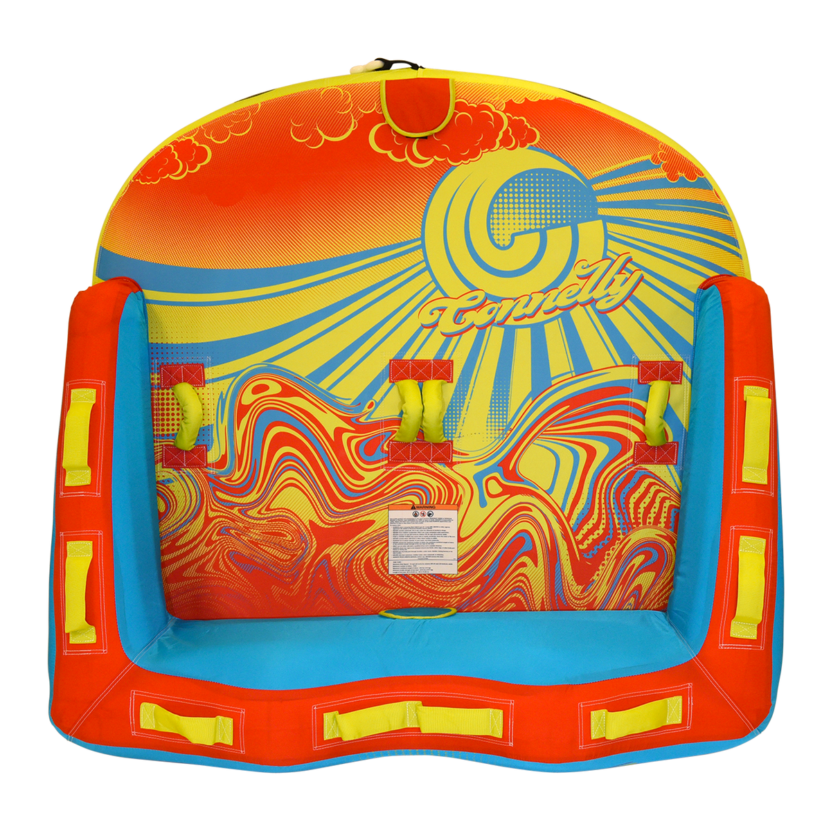 Top view of Super Fun 2 towable tube with blue, yellow, and red sunburst design.