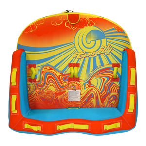 Top view of Super Fun 2 towable tube with blue, yellow, and red sunburst design.