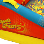 Close-up of Super Fun 3 side logo and yellow handle on red and blue panel.
