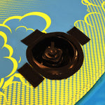 Detail of Super Fun 3 inflation valve set in blue and yellow cloud pattern.